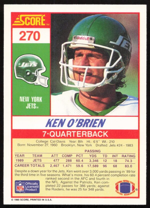 1990 Score Ken O'Brien #270 (Back)