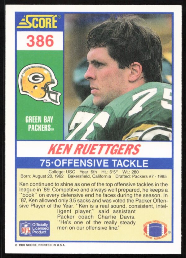 1990 Score Ken Ruettgers #386 (Back)