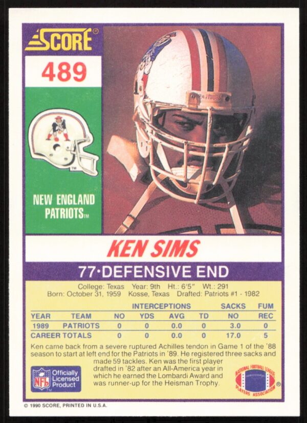 1990 Score Ken Sims #489 (Back)