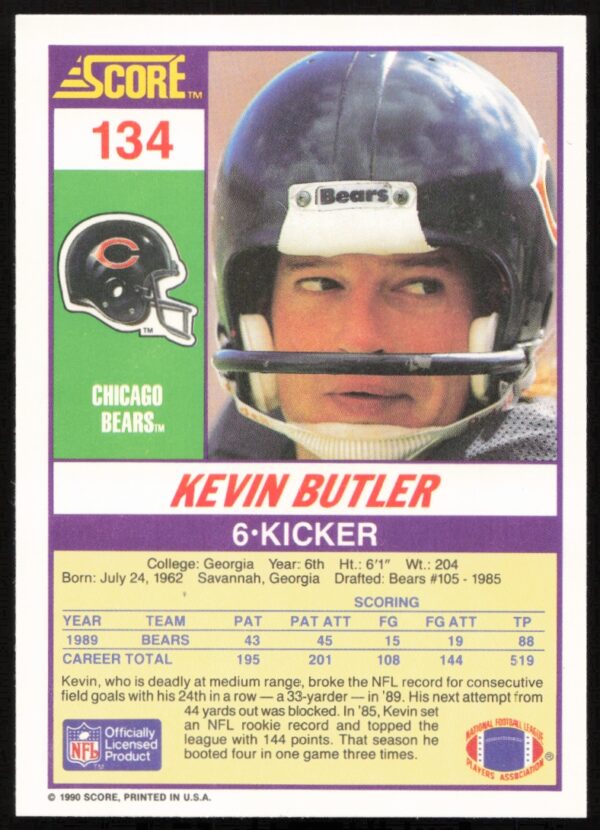 1990 Score Kevin Butler #134 (Back)