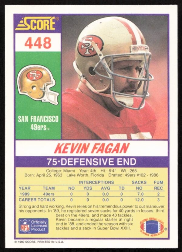 1990 Score Kevin Fagan #448 (Back)