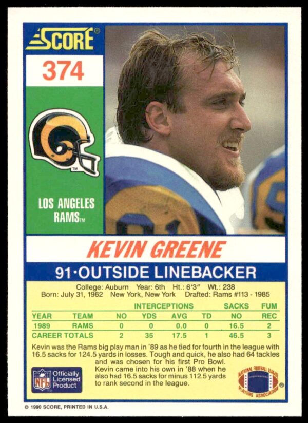 1990 Score Kevin Greene #374 (Back)