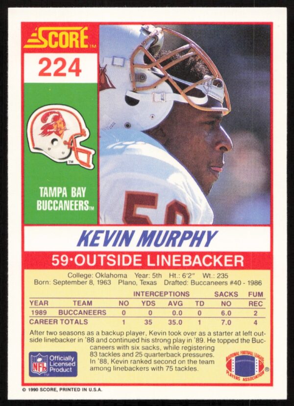 1990 Score Kevin Murphy #224 (Back)