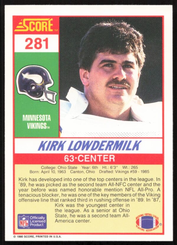 1990 Score Kirk Lowdermilk #281 (Back)