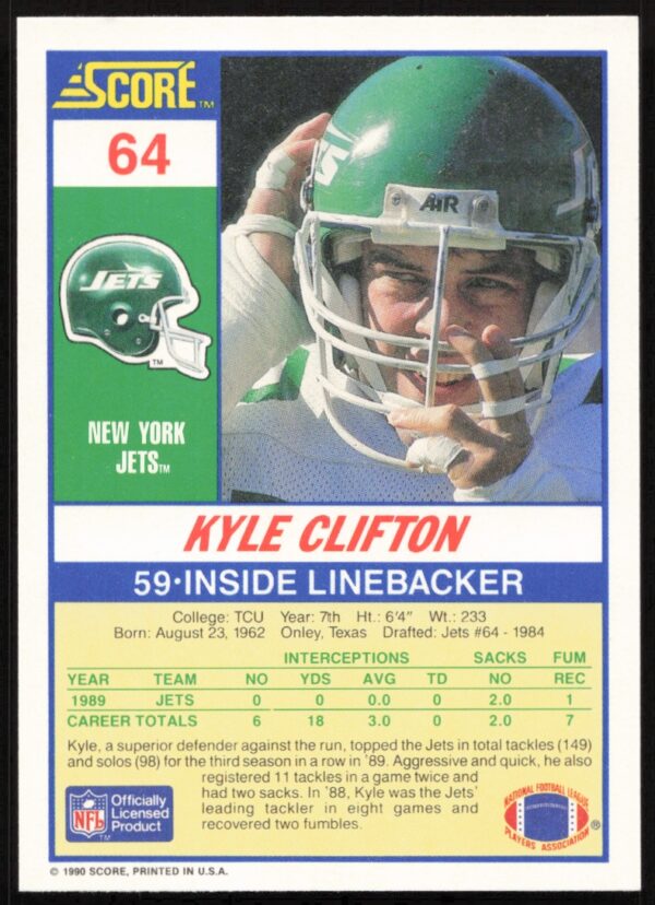 1990 Score Kyle Clifton #64 (Back)