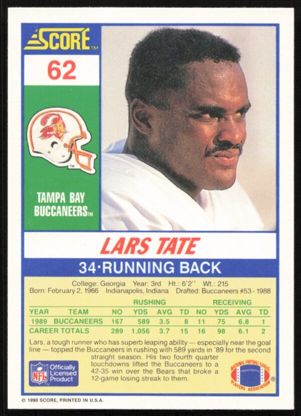 1990 Score Lars Tate #62 (Back)