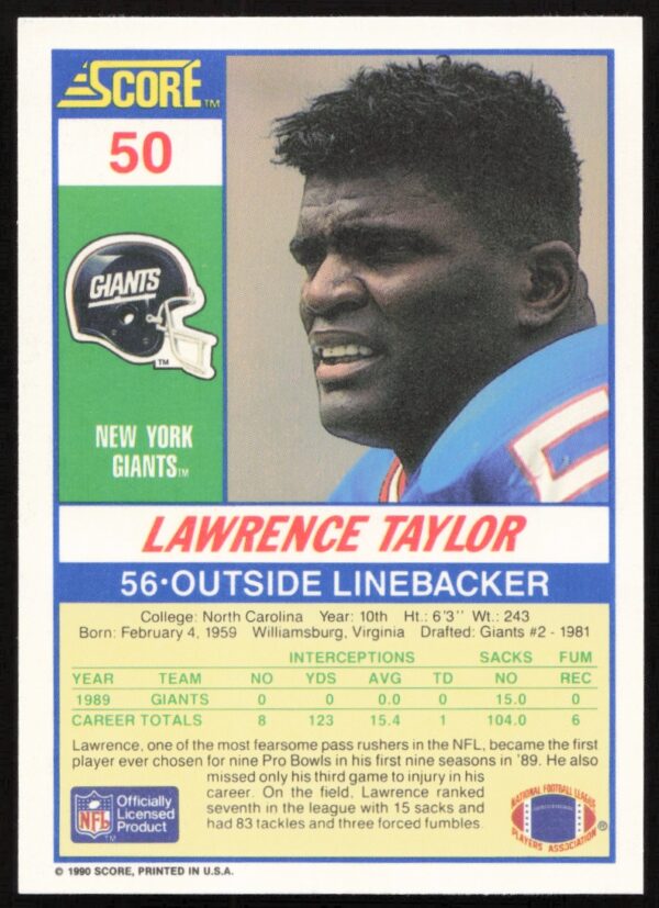 1990 Score Lawrence Taylor #50 (Back)