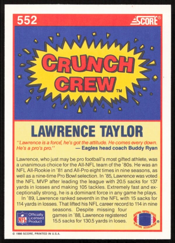 1990 Score Lawrence Taylor #552 (Back)