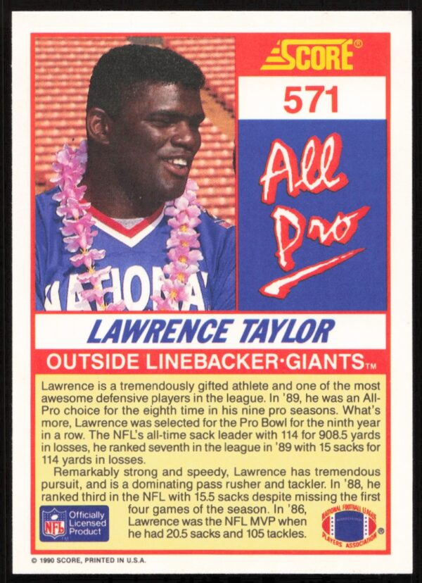 1990 Score Lawrence Taylor #571 (Back)