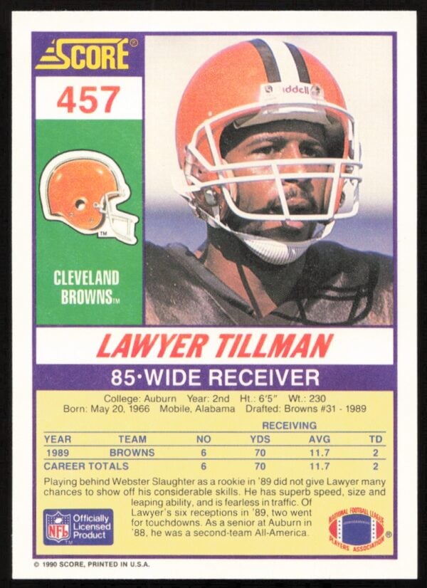 1990 Score Lawyer Tillman #457 (Back)