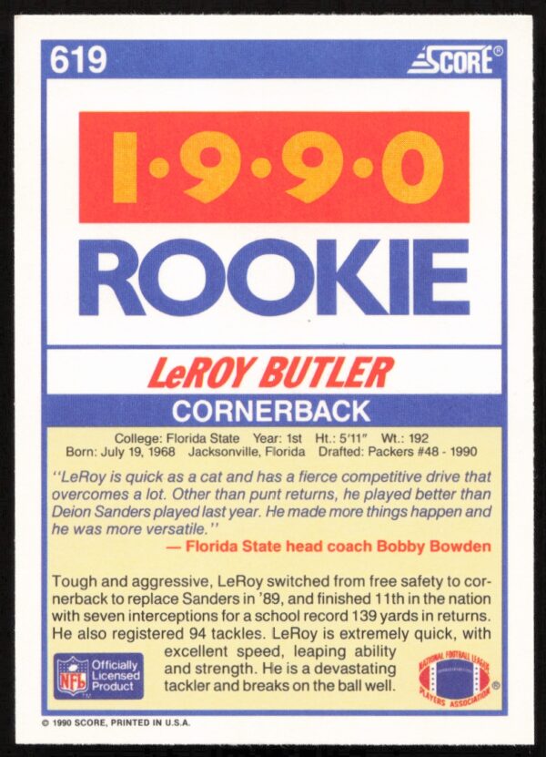 1990 Score LeRoy Butler #619 (Back)