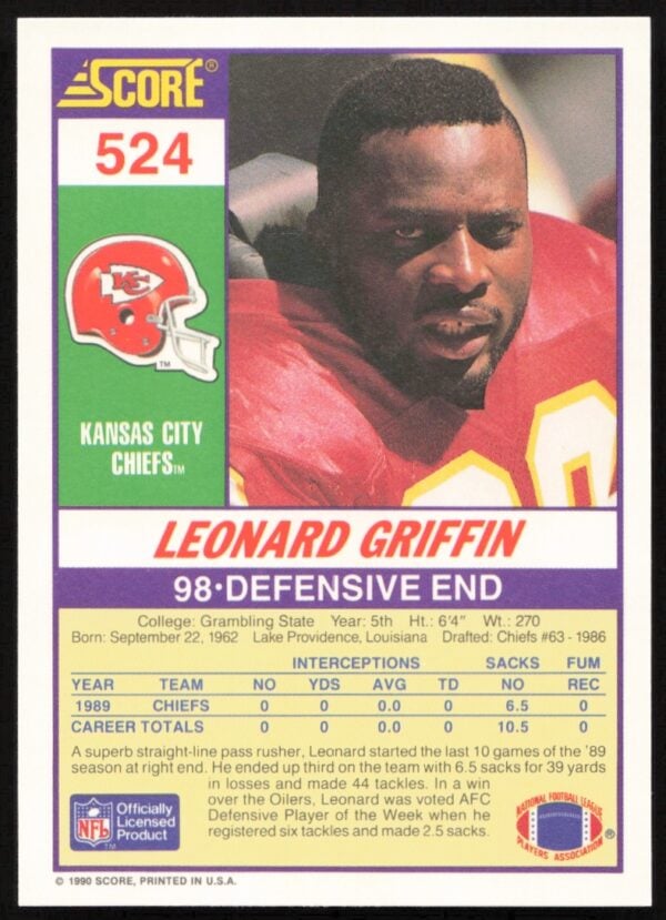 1990 Score Leonard Griffin #524 (Back)