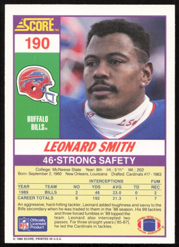 1990 Score Leonard Smith #190 (Back)