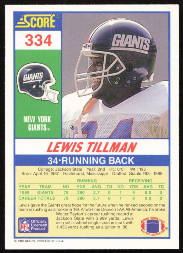 1990 Score Lewis Tillman #334 (Back)