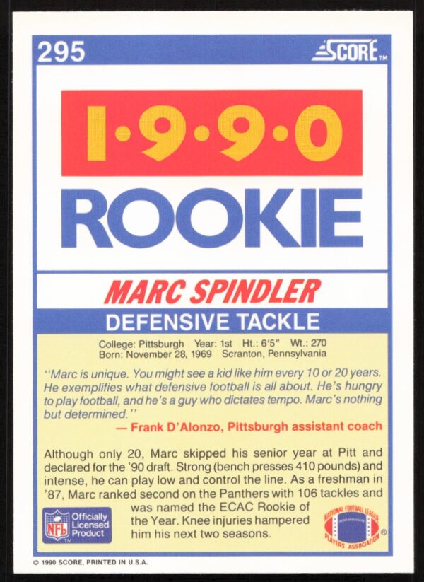 1990 Score Marc Spindler #295 (Back)