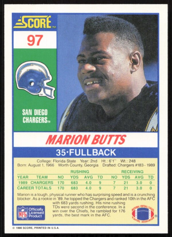 1990 Score Marion Butts #97 (Back)