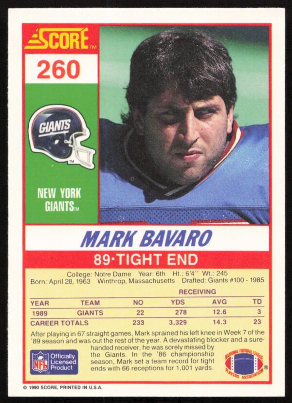 1990 Score Mark Bavaro #260 (Back)