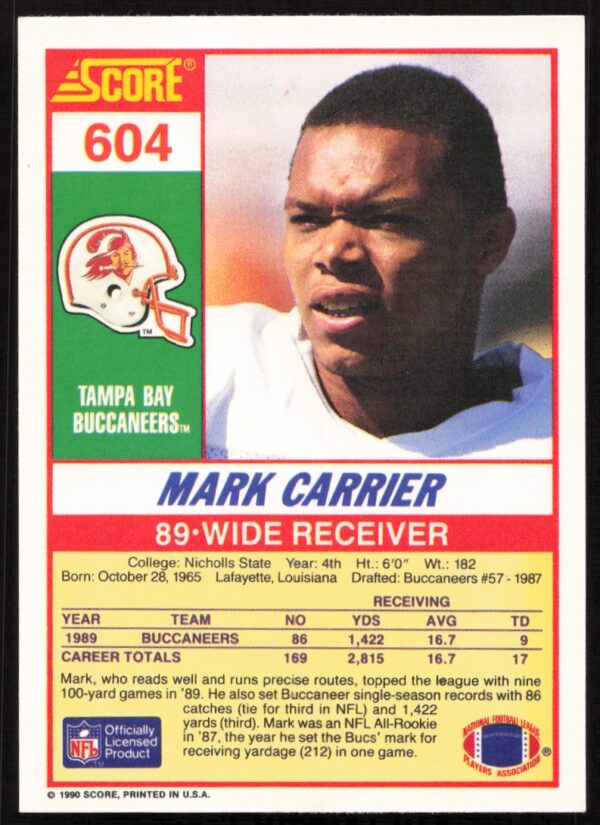 1990 Score Mark Carrier #604 (Back)