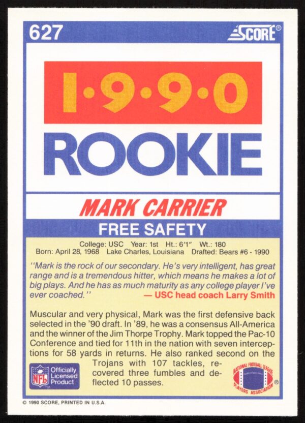 1990 Score Mark Carrier #627 (Back)