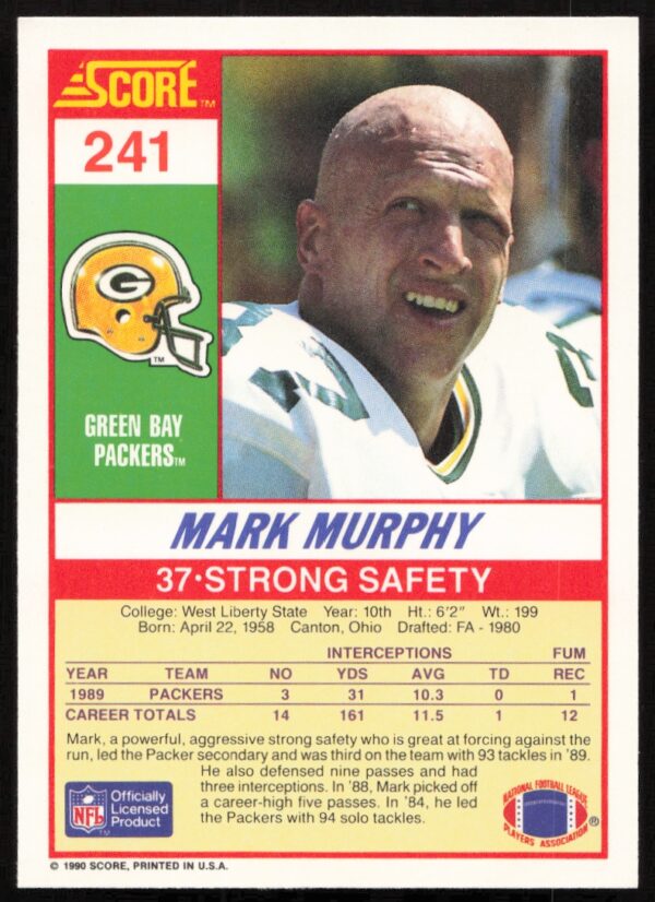 1990 Score Mark Murphy #241 (Back)