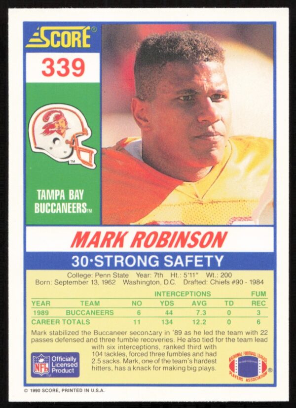 1990 Score Mark Robinson #339 (Back)