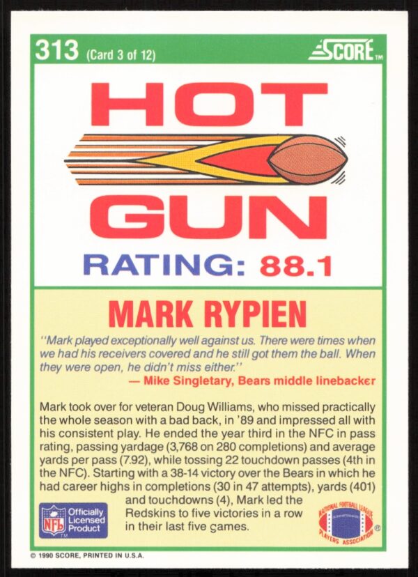 1990 Score Mark Rypien #313 (Back)