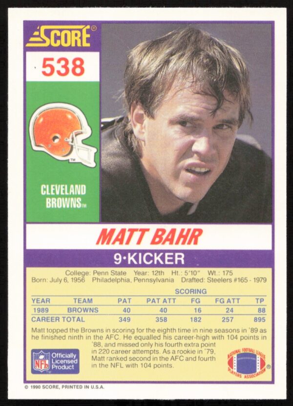 1990 Score Matt Bahr #538 (Back)