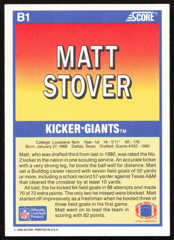 1990 Score Matt Stover The Final Five #B1 (Back)