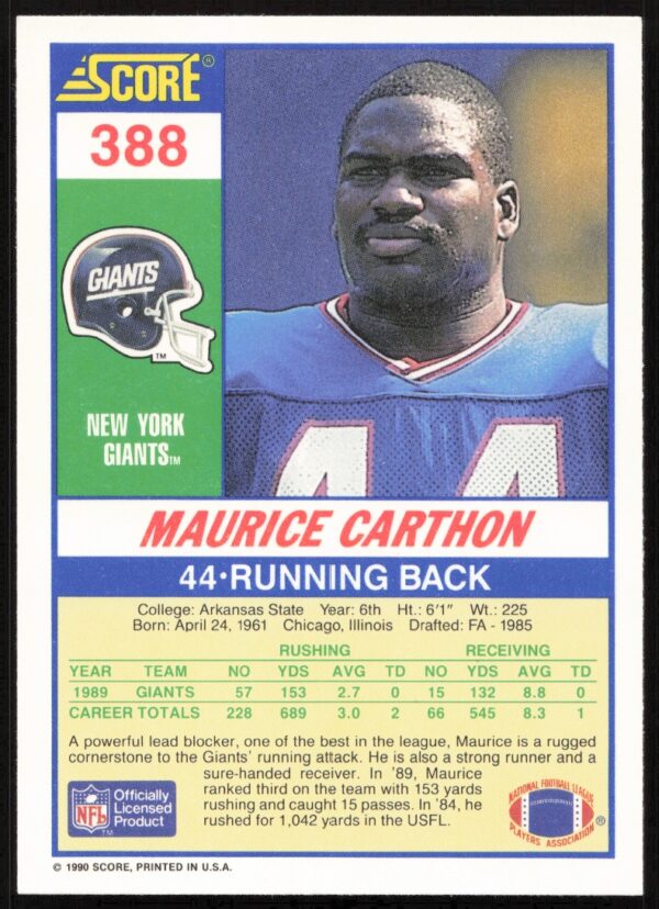 1990 Score Maurice Carthon #388 (Back)