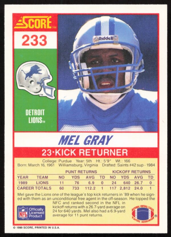 1990 Score Mel Gray #233 (Back)