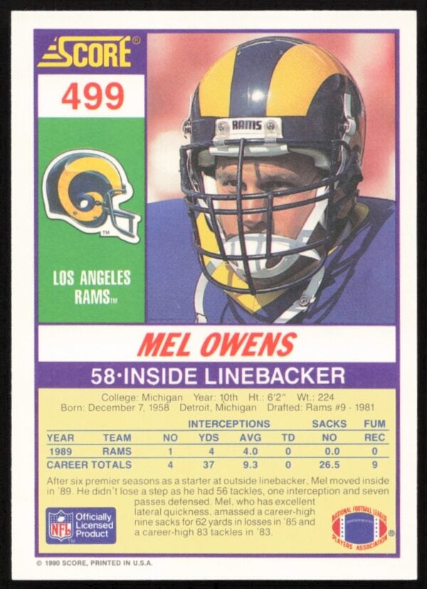 1990 Score Mel Owens #499 (Back)