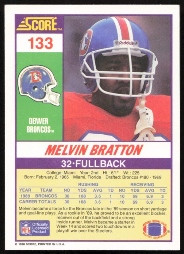 1990 Score Melvin Bratton #133 (Back)