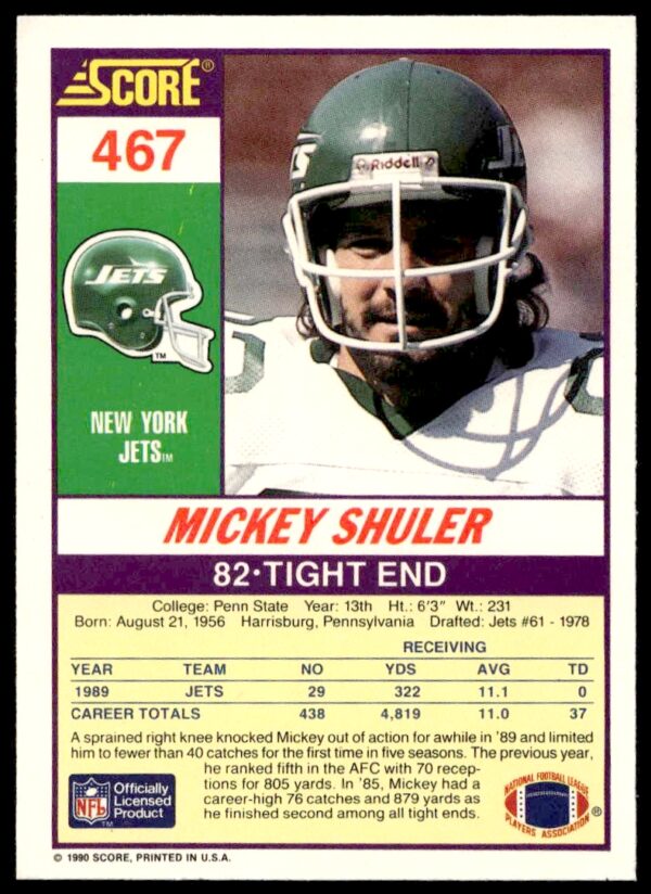 1990 Score Mickey Shuler #467 (Back)