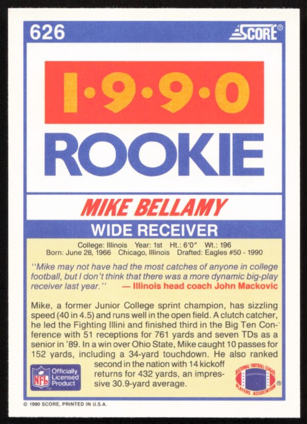 1990 Score Mike Bellamy #626 (Back)