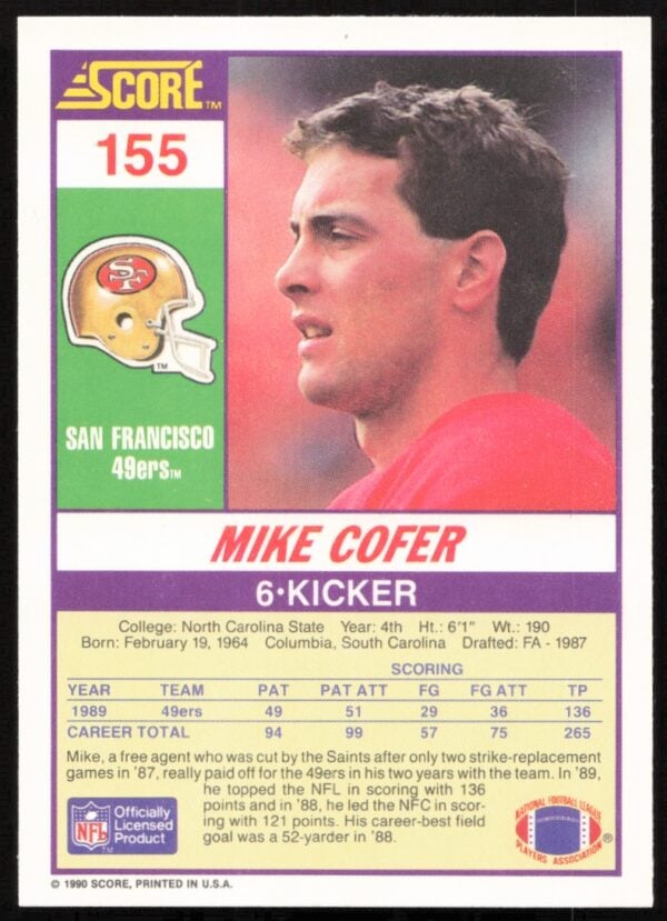 1990 Score Mike Cofer #155 (Back)