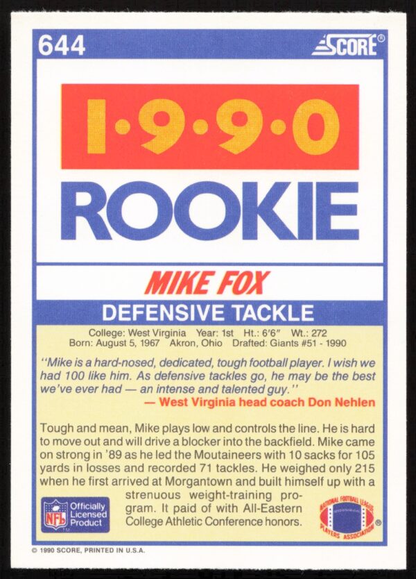 1990 Score Mike Fox #644 (Back)