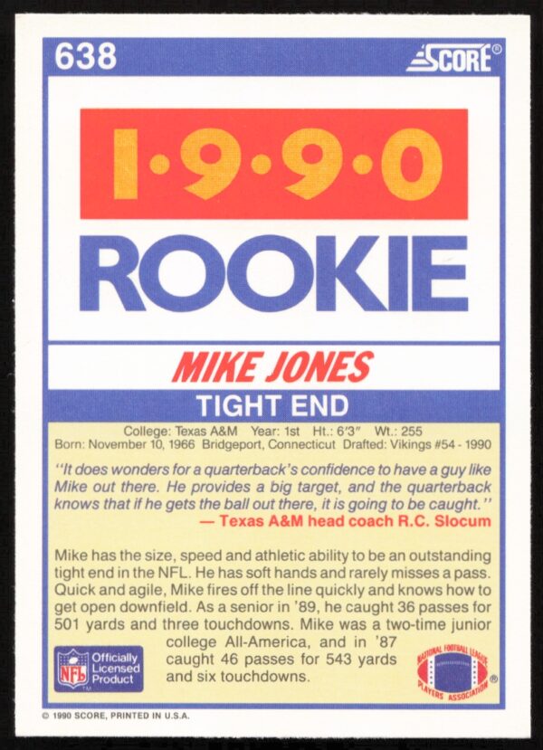 1990 Score Mike Jones #638 (Back)