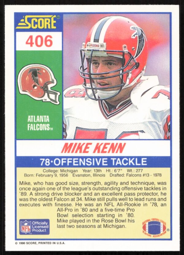 1990 Score Mike Kenn #406 (Back)