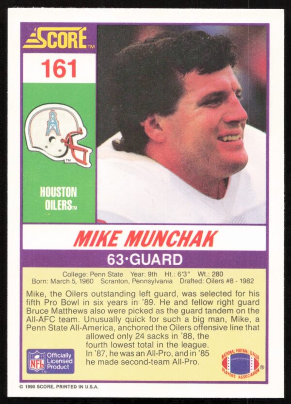 1990 Score Mike Munchak #161 (Back)