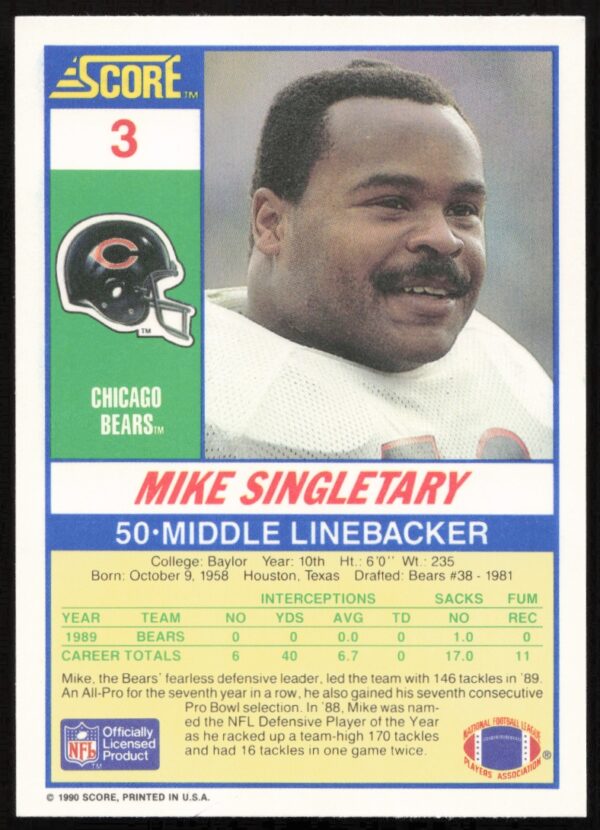 1990 Score Mike Singletary #3 (Back)