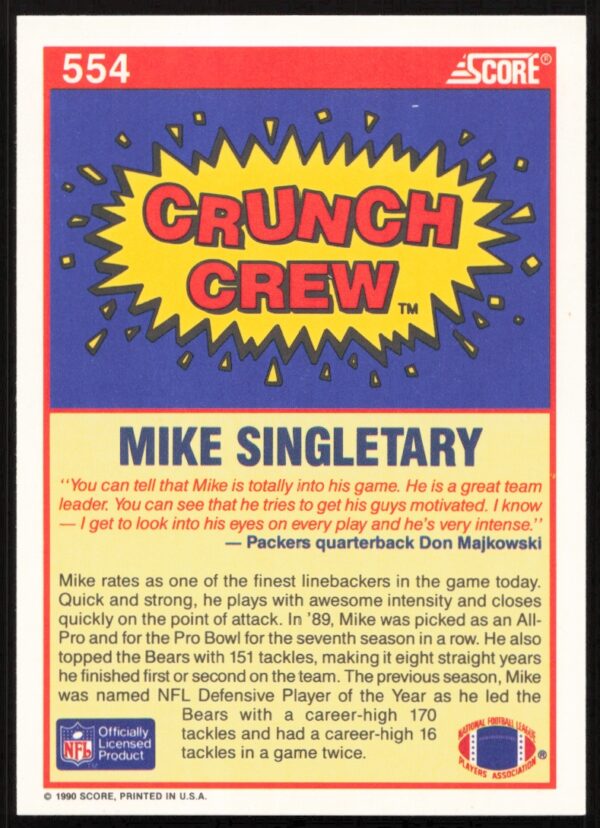 1990 Score Mike Singletary #554 (Back)