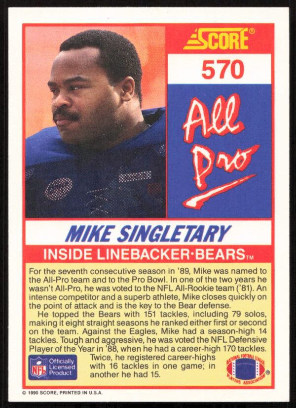 1990 Score Mike Singletary #570 (Back)