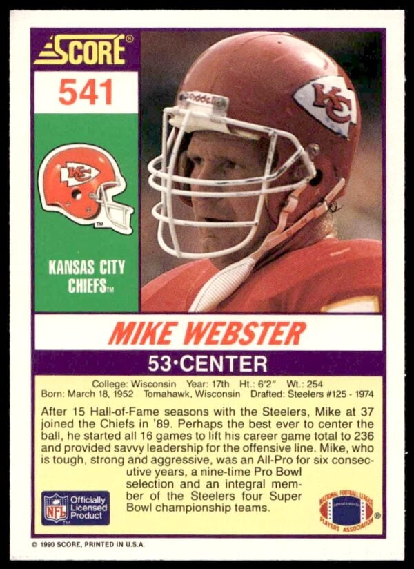 1990 Score Mike Webster #541 (Back)