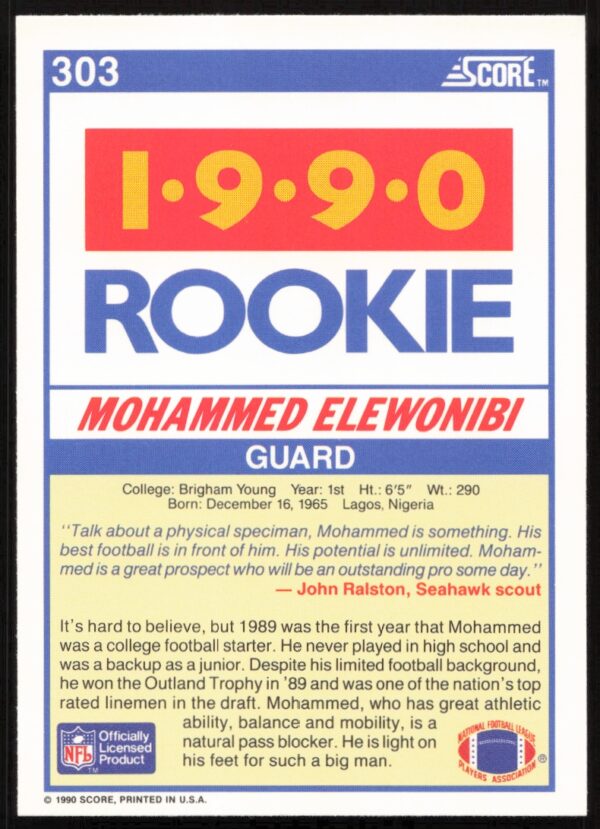 1990 Score Mohammed Elewonibi #303 (Back)