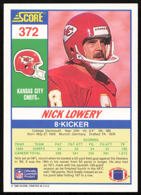 1990 Score Nick Lowery #372 (Back)