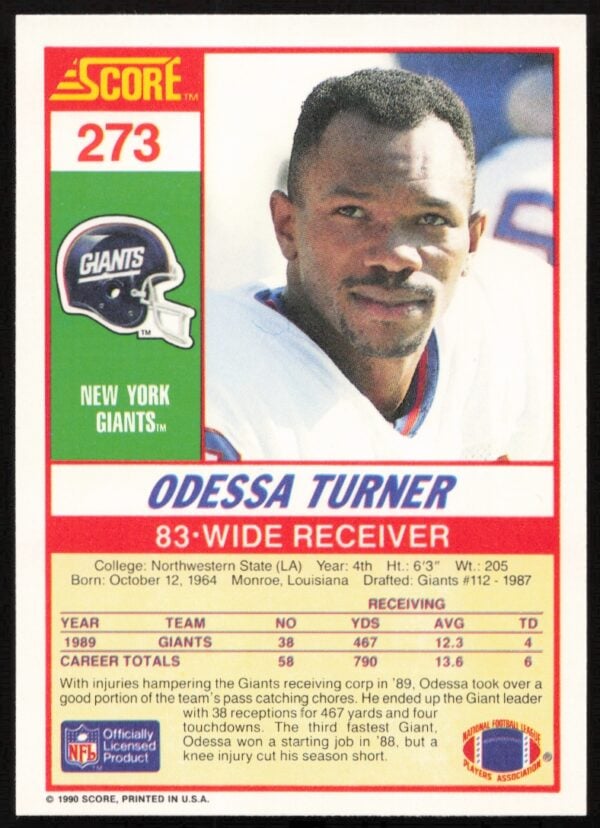 1990 Score Odessa Turner #273 (Back)