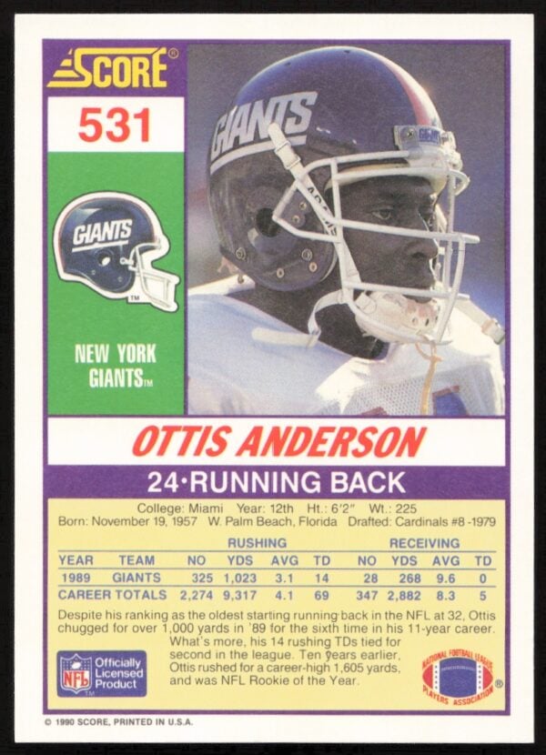 1990 Score Ottis Anderson #531 (Back)