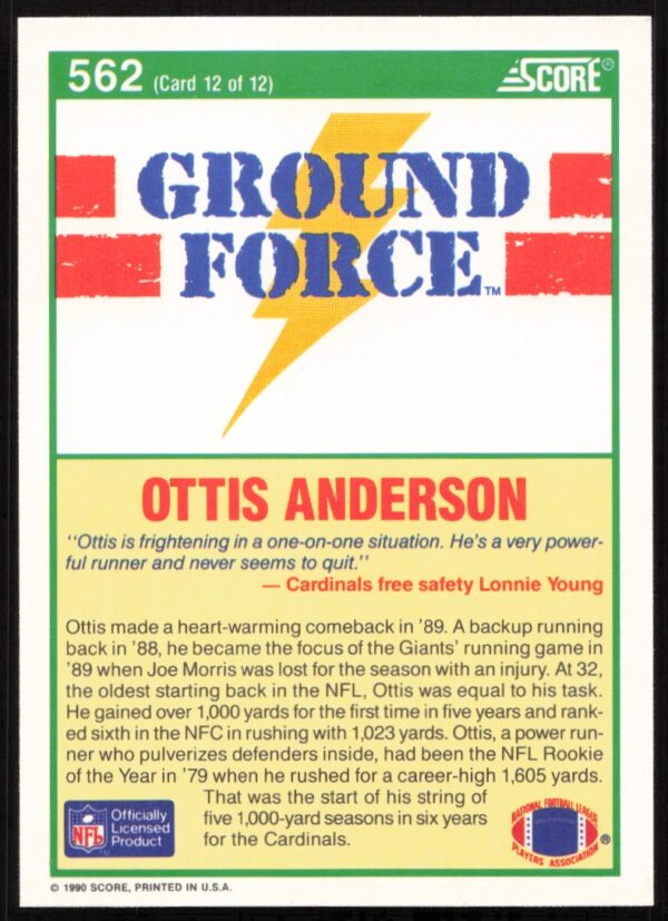 1990 Score Ottis Anderson #562 (Back)