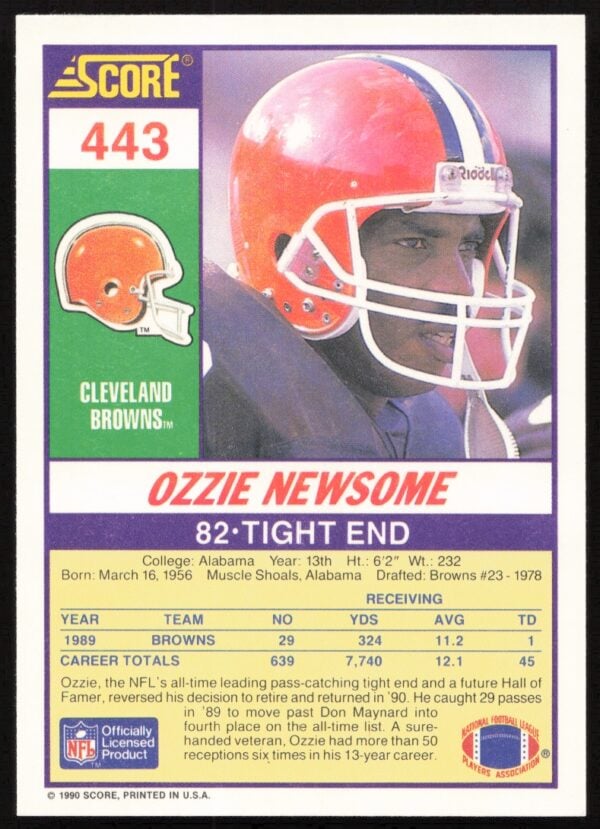 1990 Score Ozzie Newsome #443 (Back)
