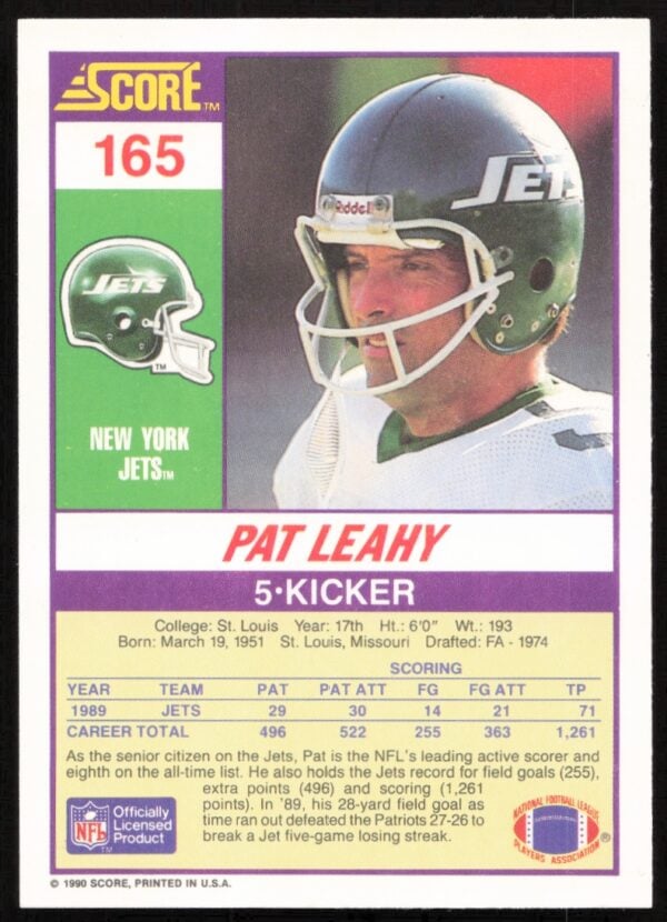 1990 Score Pat Leahy #165 (Back)